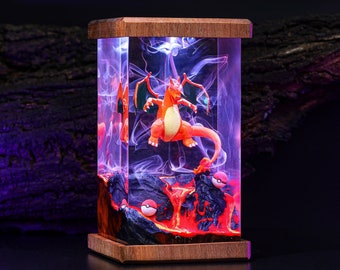 CHARIZARD POKEMON Epoxy lamp Custom Pokemon Resin Lamp Resin Night Light, Resin Wood Art Lamp, Table Lamp Birthday Gift for him