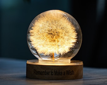 Dandelion Night Light, Real Dandelion puff Paperweight, Flower Epoxy Resin Nightlight, Epoxy Resin Wood Table Lamp, Her Birthday gift