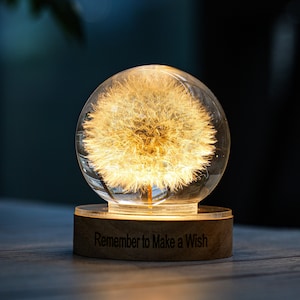 Dandelion Night Light, Real Dandelion puff Paperweight, Flower Epoxy Resin Nightlight, Epoxy Resin Wood Table Lamp, Her Birthday gift