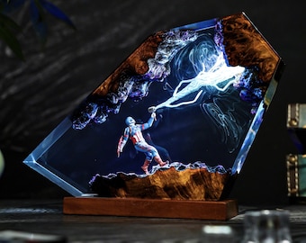 Thunder Hammer & Shield Harzlampe, Superheld handgemachtes Epoxidholz Nachtlicht, Heldendekor, kundenspezifische Weihnachtsgeschenke für ihn