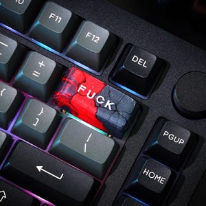 May include: A close-up of a black mechanical keyboard featuring a custom keycap. The keycap is red and black with the word "FUCK" in white. Other keys include "DEL", "PGUP", and "HOME".