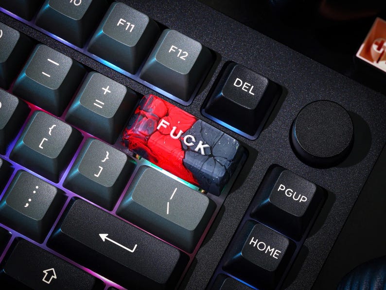 May include: A close-up of a black mechanical keyboard featuring a custom keycap. The keycap is red and black with the word "FUCK" in white. Other keys include "DEL", "PGUP", and "HOME".