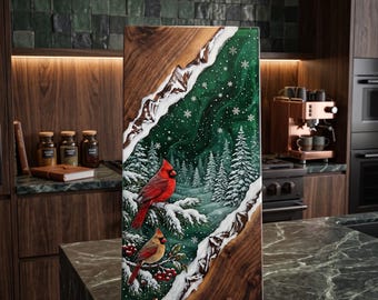Tábua de servir natalina, tábua de resina Northern Cardinal, tábua de charcutaria artesanal em nogueira, decoração de cozinha de inverno, presente de Natal
