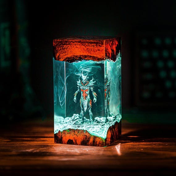 ハンドメイドDaedicエポキシランプ、赤と黒の樹脂製ナイトライト、RPG