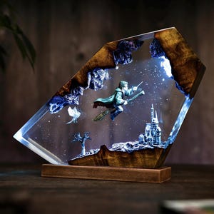 Wizard Boy Flying Resin Lamp – Magical Night Light with Owl & Castle | Fantasy Decor Gift for Book Lovers, Movie Fans