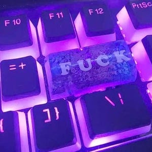 May include: A close-up shot of a computer keyboard with black keys and white lettering. The F10, F11, and F12 keys are visible, along with the PrtSc and Ins keys. A custom key with the word "FUCK" in white letters is featured.