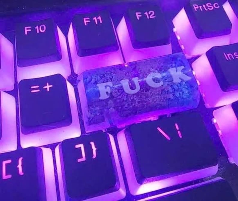 May include: A close-up shot of a computer keyboard with black keys and white lettering. The F10, F11, and F12 keys are visible, along with the PrtSc and Ins keys. A custom key with the word "FUCK" in white letters is featured.