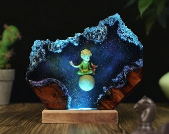 手作りの星の王子さまギャラクシーエポキシランプ - 星空とキツネの