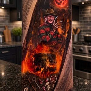 Könnte beinhalten: Ein rechteckiges Servierbrett aus Holz mit einer Harzeinlage, die eine Figur mit braunem Fedora und rot-grün gestreiftem Pullover mit Klingen an den Fingern, ein brennendes Haus, einen roten Totenkopfmond sowie verschiedene Metallschlüssel zeigt.