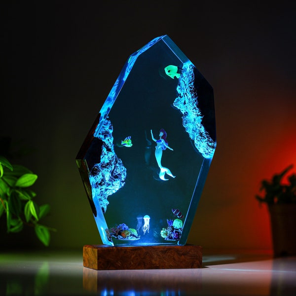 Little Mermaid Night Light, Jellyfish Epoxy Lamp, Deep Ocean night light, Lighting Home Decor, Birthday home decor unique Mother's day gift