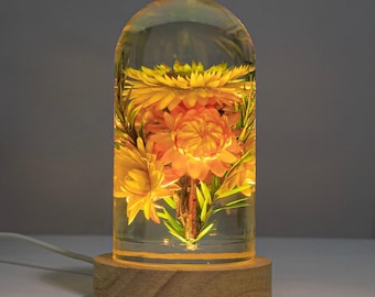 Immortal Flower Night Light, Real Flower puff Paperweight, Flower Epoxy Resin Nightlight, Epoxy Resin Wood Table Lamp, Gift for girlfriend