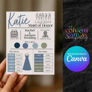 Carte de détails de mariage de fête nuptiale | Modèle de toile modifiable | Informations sur le mariage des demoiselles d'honneur et des garçons d'honneur