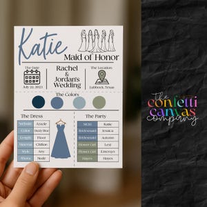 Carte nuptiale faite sur commande de détails de mariage | Carte d'informations personnalisée sur le mariage pour demoiselles d'honneur et garçons d'honneur