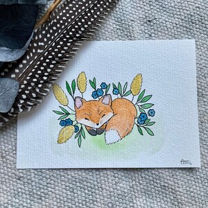 手描きのキツネ ポストカード 眠っているキツネ 水彩画 アクワレル 絵画 かわいい かわいい動物 手描きのポストカード キツネ 眠っているキツネ