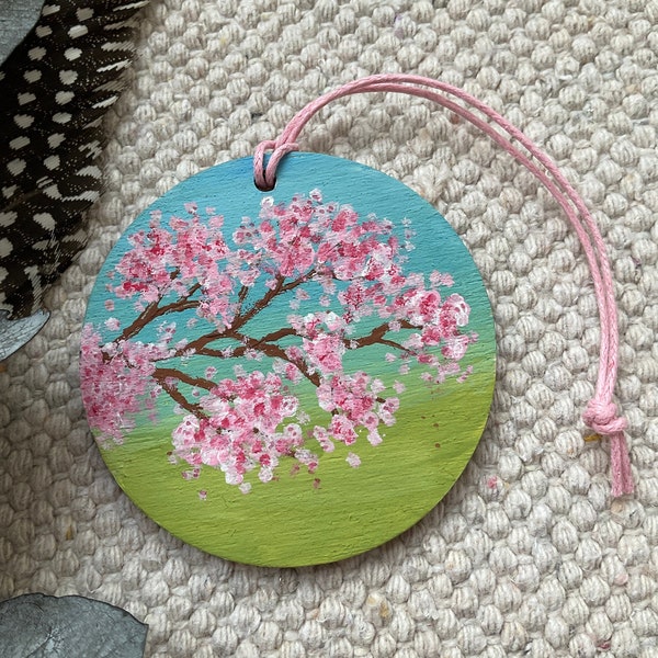 cherry blossom painting hanami sakura flower spring wood decor slice Kirschblüte Gemälde Baumscheibe Holzscheibe Ornament Schlüssel Anhänger