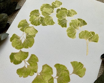 Ginkgo arte botanica ginkgo oro decorazione della parete foglie decorazione oro verde Foglie di Ginkgo illustrazione botanica disegno della parete decorativa oro verde