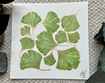 Ginkgo arte botanica ginkgo oro decorazione della parete foglie decorazione oro verde Foglie di Ginkgo illustrazione botanica disegno della parete decorativa oro verde