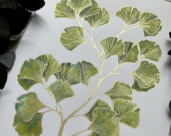 Ginkgo arte botanica ginkgo oro decorazione della parete foglie decorazione oro verde Foglie di Ginkgo illustrazione botanica disegno della parete decorativa oro verde