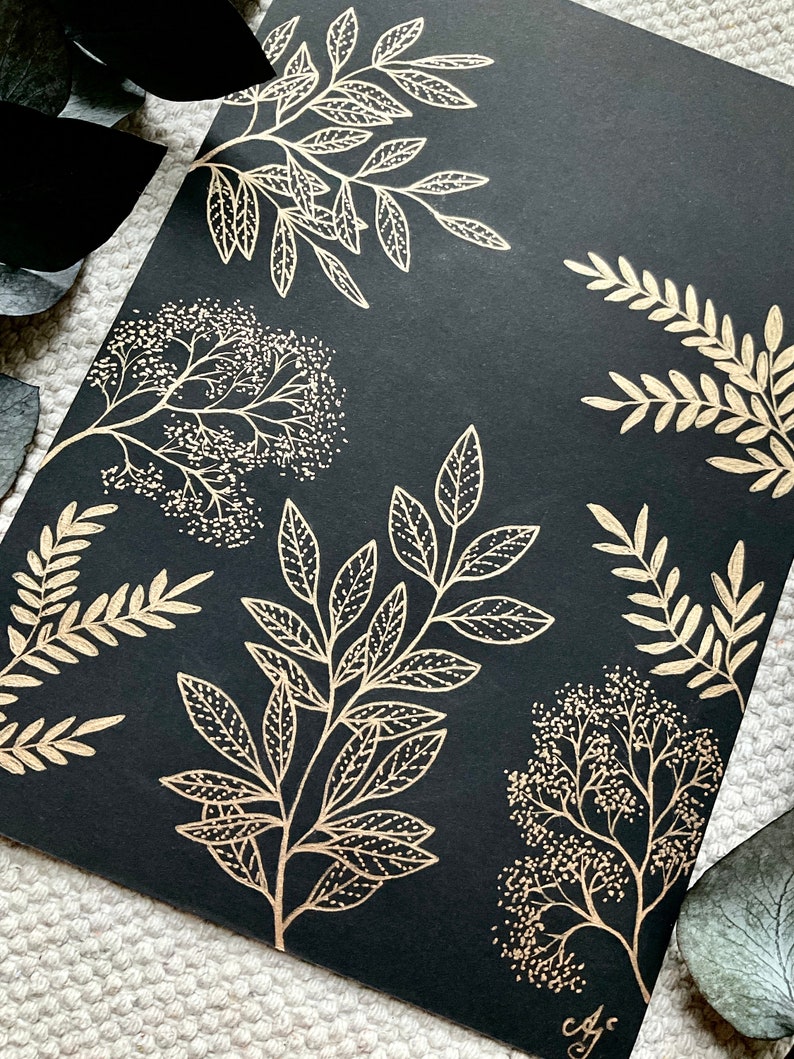 Black & Gold Botanical Art Black Wall Decor Golden Leaves Decoration ...