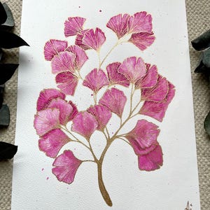 Ginkgo A4 botanical art gold ginkgo wall decor leaves pink gold decoration Ginkgo Blätter botanische Illustration rosa gold Deko Wand Design