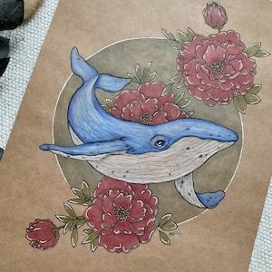 animale balena pittura disegno floreale corona rosa fiori carina arte illustrazione marittimo pittura balena fiore ghirlanda illustrazione balena blu