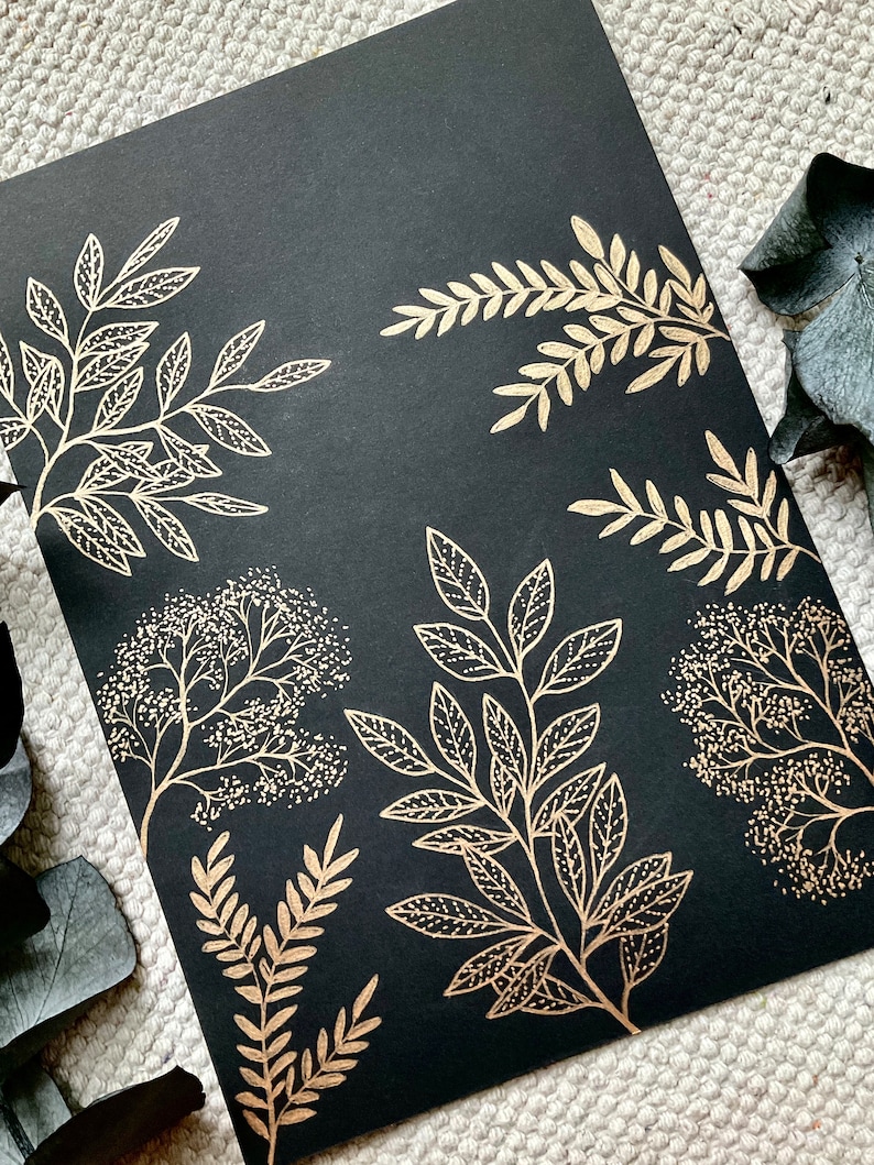 Black & Gold Botanical Art Black Wall Decor Golden Leaves Decoration ...