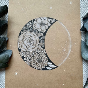 fiore luna disegno arte originale pittura fasi lunari strega cielo notturno fantasy opere d'arte decorazione fiori di carta luna pittura decorazione della parete art