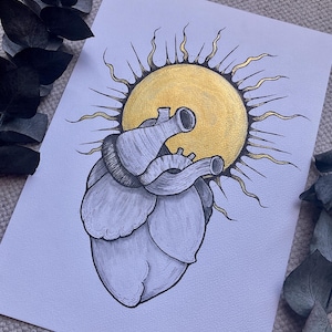 anatomical heart sun tarot card art black gold goth wall decor golden sun witch anatomisches Herz Illustration goldene Sonne tattoo line art