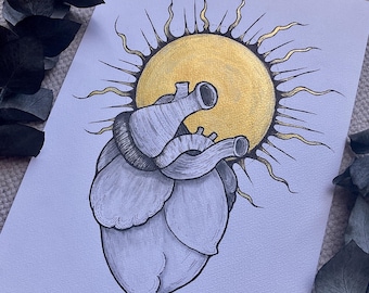 cuore anatomico sole tarocchi carta arte oro nero goth decorazione murale sole dorato strega cuore anatomico illustrazione tatuaggio sole dorato linea arte