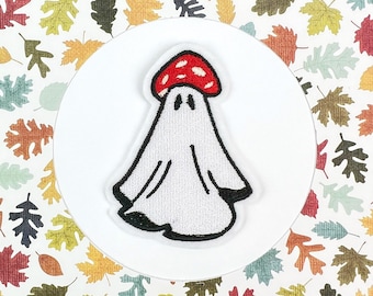 Patch fer à repasser brodé fantôme champignon, écussons d'Halloween, saison effrayante, écussons d'Halloween pour vestes