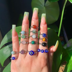 Crystal Rings | Natural Crystal & Nazar Wire Wrapped Rings | Silver Crystal Rings | Wire Wrapped Crystal Rings | Crystal Ring | Nazar Rings