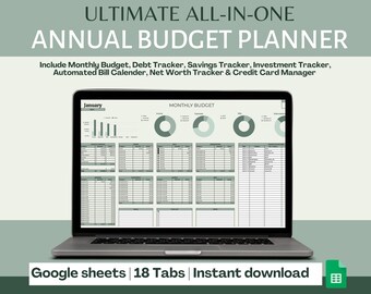 Plantilla de hoja de cálculo de presupuesto anual, plantilla de presupuesto de Google Sheets, planificador de presupuesto mensual, planificador de finanzas, plantilla de presupuesto todo en uno
