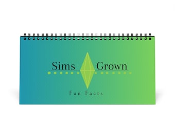 Może przedstawiać: Spiralny notes z zielonym i niebieskim gradientem z tekstem "Sims Grown Fun Facts" i zielonym logo diamentu.