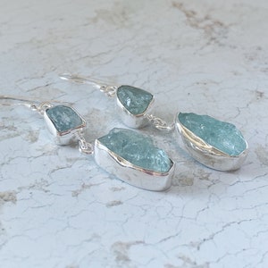 Raw Aquamarine Gemstone Earrings Sterling Silver Bohemian