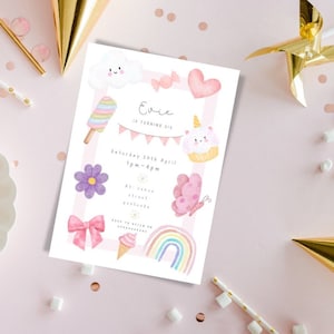 May include: A pastel-colored birthday invitation with the name "Evie" and the text "18 turning six." The invitation features illustrations of a cloud, ice cream, flower, bow, cupcake, butterfly, rainbow, and candy. The date and time are also included.