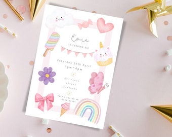 May include: A pastel-themed birthday invitation with the name "Evie" and the text "18 turning six." The invitation features illustrations of a cloud, ice cream, flower, bow, cupcake, butterfly, rainbow, and candy. The date and time are also included.