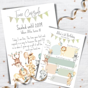 Time capsule 1st Birthday Print and 10 Keepsake cards, Safari theme, Safari, 1st Birthday Memories, A4 Print, A5 keepsake cards