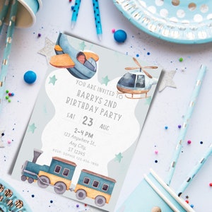 May include: A blue and white birthday party invitation with a watercolor illustration of a plane, helicopter, and train. The invitation says "You are invited to Harrys 2nd Birthday Party Sat 23 Aug 2-4 PM 123 Anywhere St., Any City, ST 12345 RSVP: SOPHIE 123-456-7890"