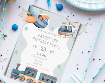 May include: A blue and white birthday party invitation with a watercolour illustration of a plane, helicopter, and train. The invitation says "You are invited to Harrys 2nd Birthday Party Sat 23 Aug 2-4 PM 123 Anywhere St., Any City, ST 12345 RSVP: SOPHIE 123-456-7890"