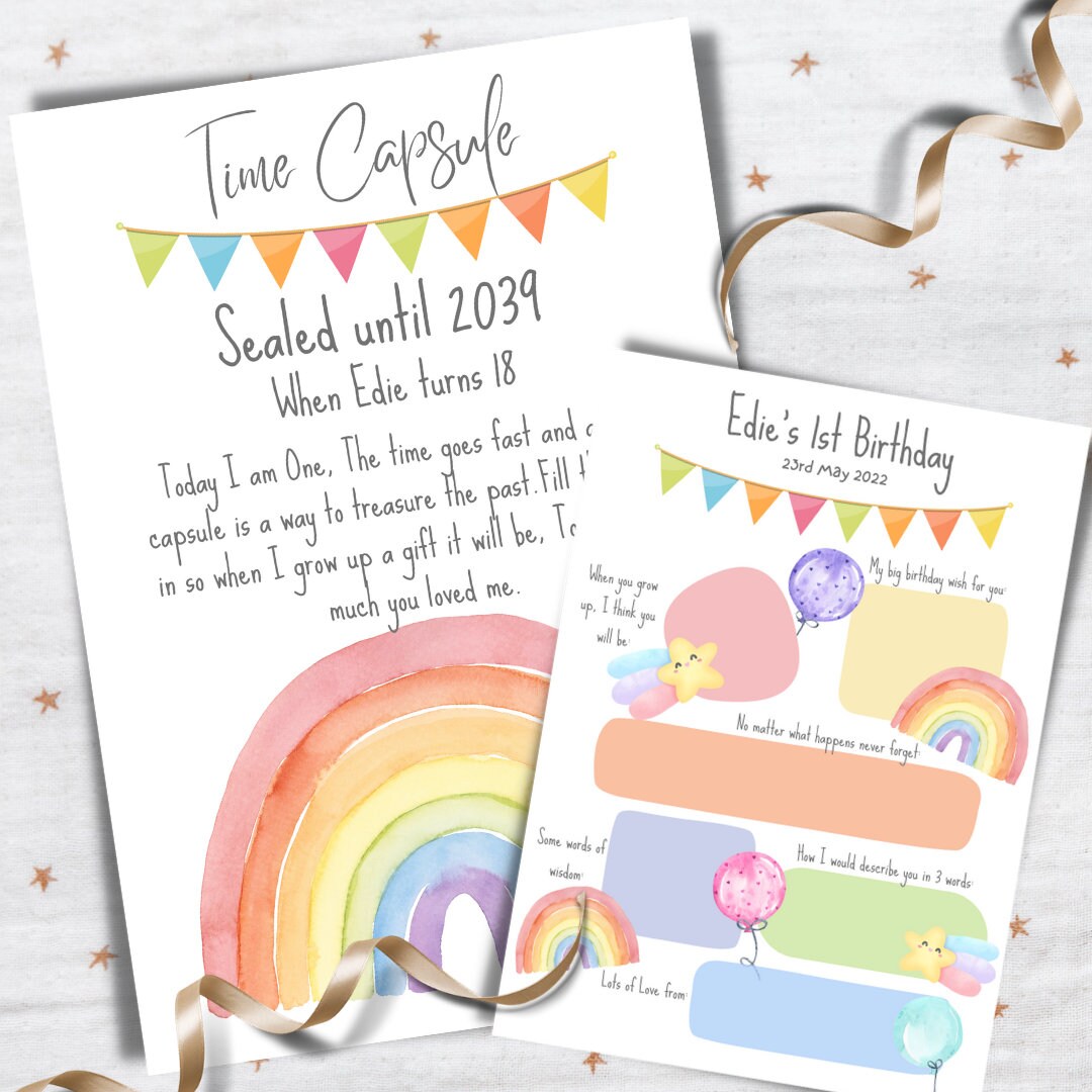 Time Capsule 1st Birthday Print and 10 Keepsake Cards, Rainbow Theme ...