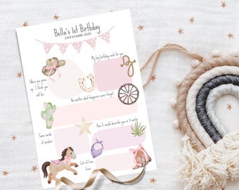 May include: A cowgirl-themed birthday invitation in pink and beige, featuring illustrations of a cowboy hat, horseshoe, cactus, and a horse. The invitation reads "Bella's 1st Birthday" with the date.