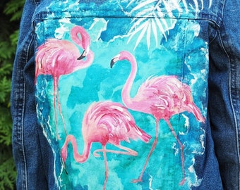 hand painted flamingo motif denim jacket for kid