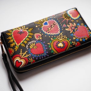designer wallet for her, hand-painted vegan leather wallet with zipper, mexican art pattern