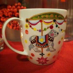 christmas tea mug vintage design hand painted porcelain with retro animal carousel