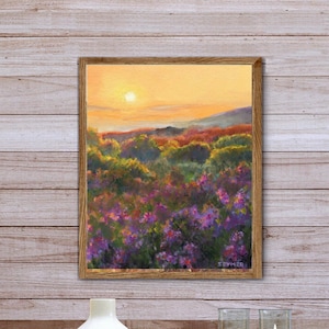 Flowers field art PRINT, Sunset orange sky, Meadow sunset mountains, Impressionist landscape oil painting, Country scene, Colorful landscape