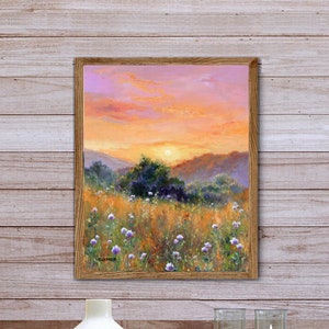 Spring landscape painting PRINT, White wildflowers field wall art, Flowers meadow art original, Colorful small art, Countryside fine art