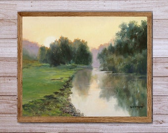 穏やかな川のアートプリント、ヴィンテージの風景、柔らかな色の自然