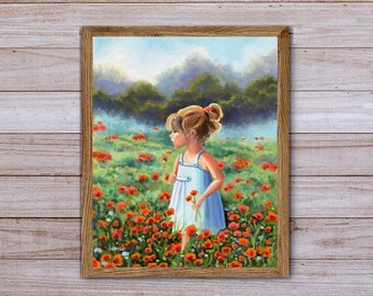 小さな女の子の絵 プリント 子供の油絵 野原の少女 小さな女の子