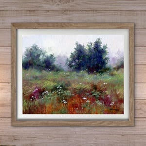 Wildflowers prairie painting PRINT, Meadow trees flowers, Vintage landscape soft colors, Cottage style Farmhouse decor Countryside painting