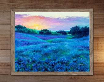 Texas bluebonnets field painting PRINT, Bluebonnets landscape art, Bluebonnets meadow painting Field of blue flowers Texas landscape art